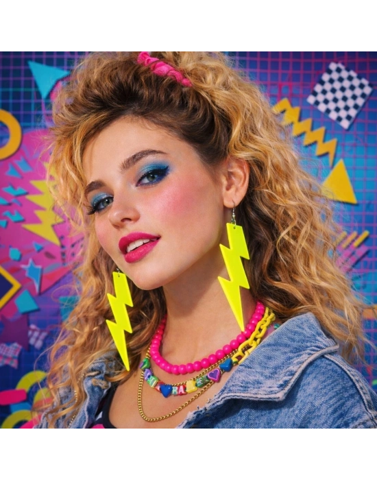 80’ler 90'lar Retro Neon Sarı Şimşek Küpe 10 Cm