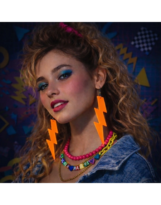 80’ler 90'lar Retro Neon Turuncu Şimşek Küpe 10 cm