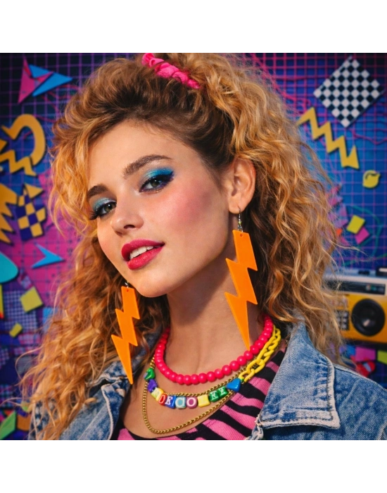 80’ler 90'lar Retro Neon Turuncu Şimşek Küpe 10 cm