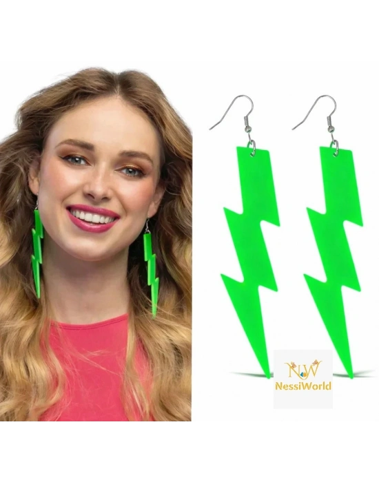 80’ler 90'lar Retro Neon Yeşil Şimşek Küpe 10 cm