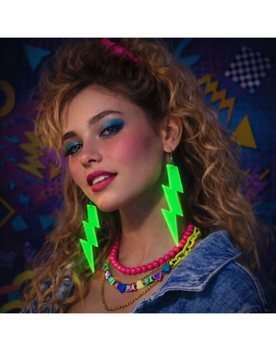 ® 80’ler 90'lar Retro Neon Yeşil Şimşek Küpe 10 cm