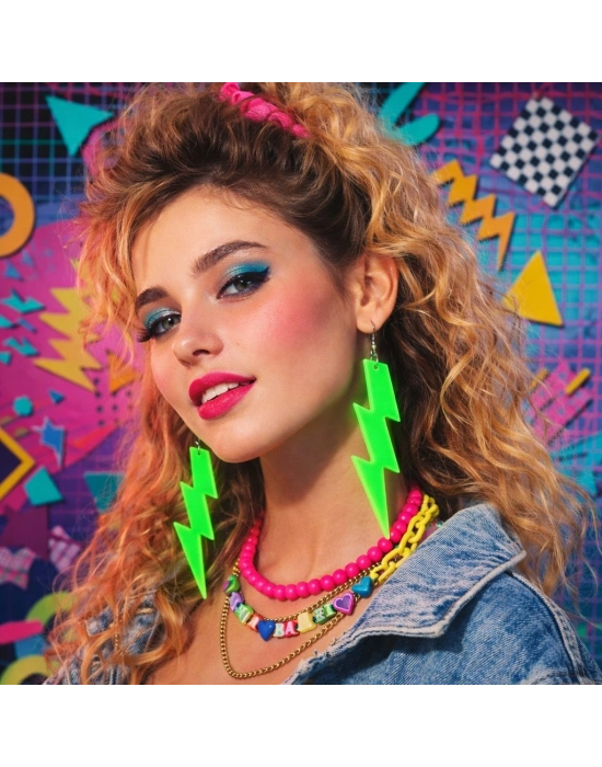 80’ler 90'lar Retro Neon Yeşil Şimşek Küpe 10 cm