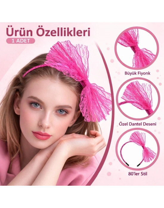 80’ler 90’lar Neon Pembe Dantel Taç Fiyonklu