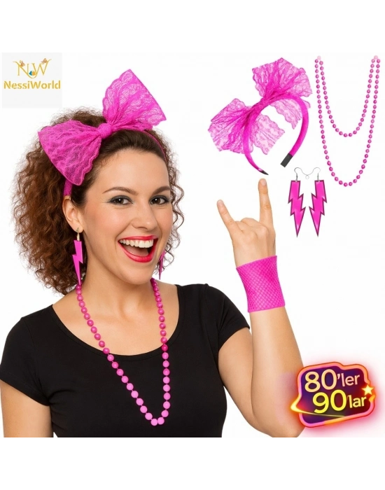 80’ler 90’lar Neon Pembe Parti Seti – Kolye Küpe Taç