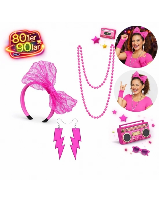 80’ler 90’lar Neon Pembe Parti Seti – Kolye Küpe Taç