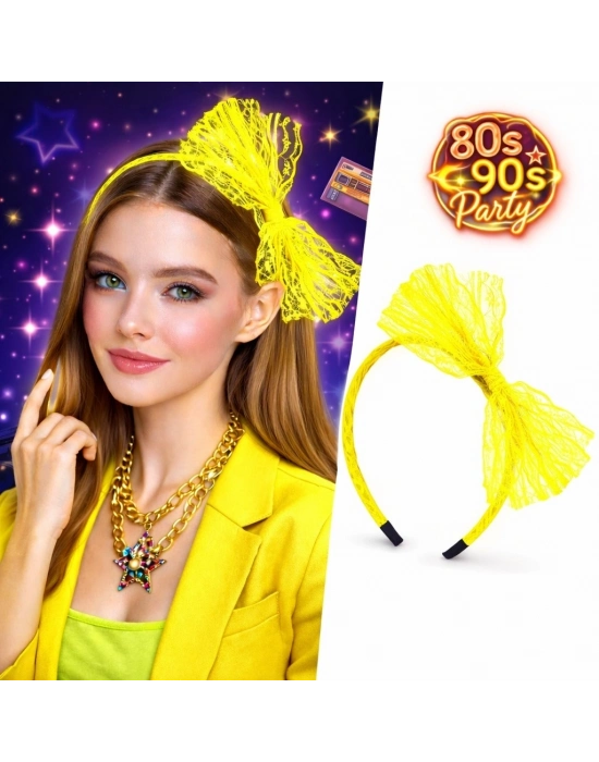 80’ler 90’lar Neon Sarı Dantel Taç Fiyonklu