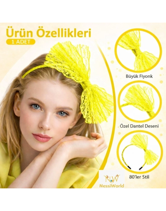 80’ler 90’lar Neon Sarı Dantel Taç Fiyonklu