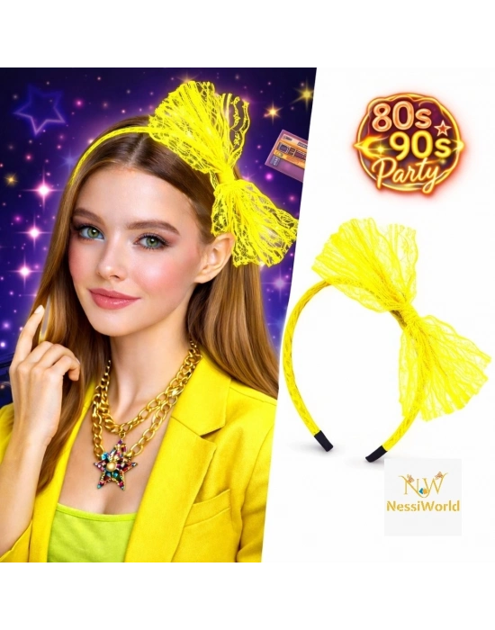 80’ler 90’lar Neon Sarı Dantel Taç Fiyonklu