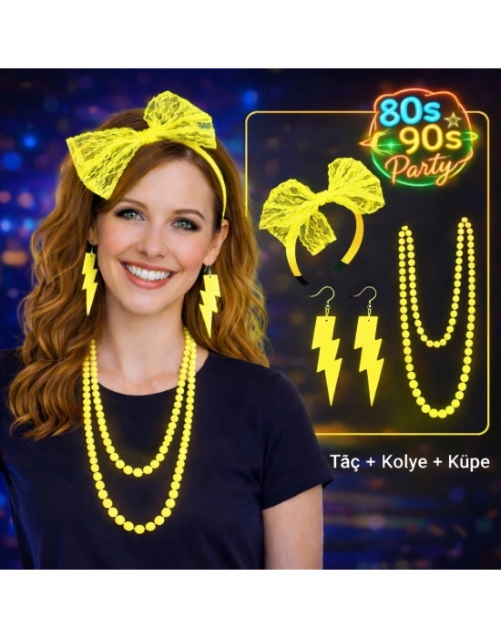 80’ler 90’lar Neon Sarı Parti Seti – Kolye Küpe Taç