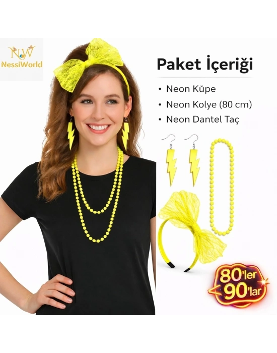 80’ler 90’lar Neon Sarı Parti Seti – Kolye Küpe Taç