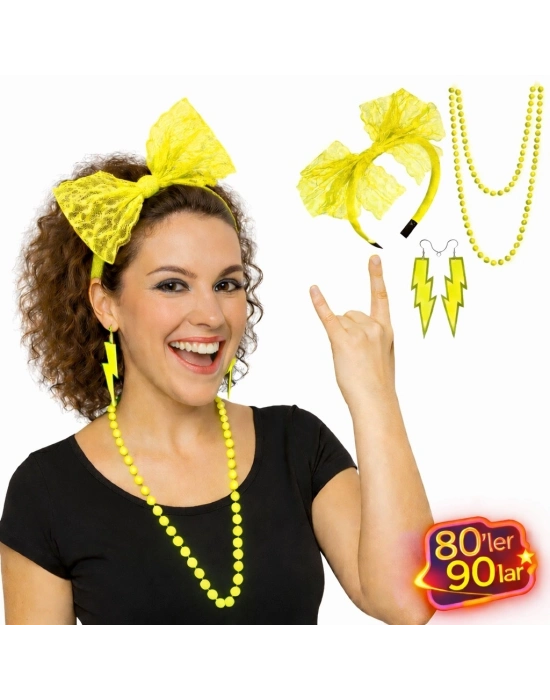 80’ler 90’lar Neon Sarı Parti Seti – Kolye Küpe Taç
