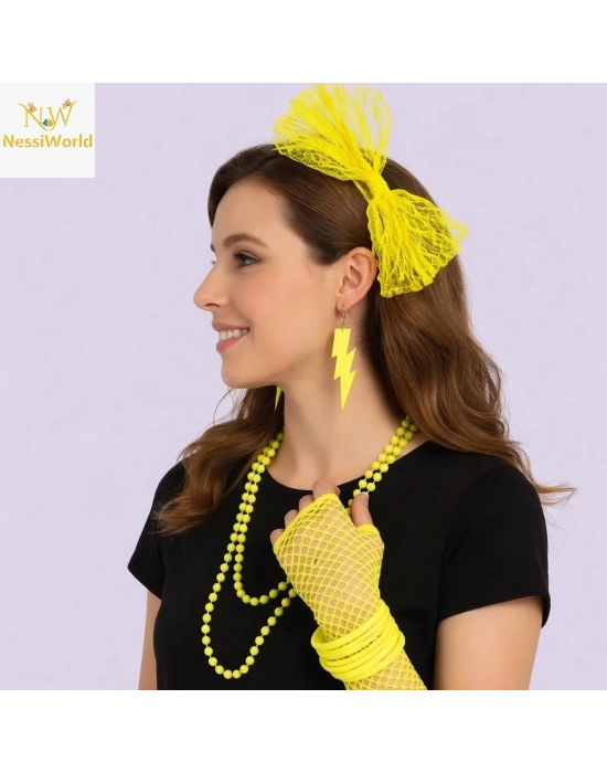 80’ler 90’lar Neon Sarı Parti Seti – Kolye Küpe Taç