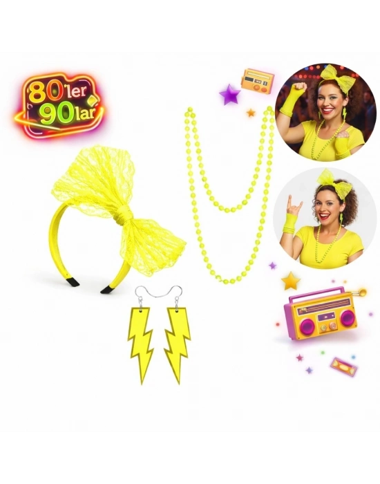 80’ler 90’lar Neon Sarı Parti Seti – Kolye Küpe Taç