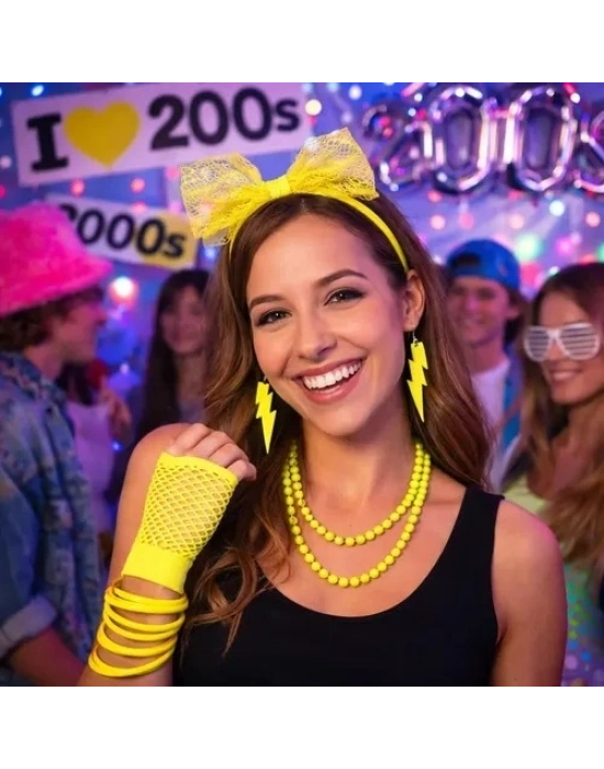 80’ler 90’lar Neon Sarı Parti Seti – Kolye Küpe Taç