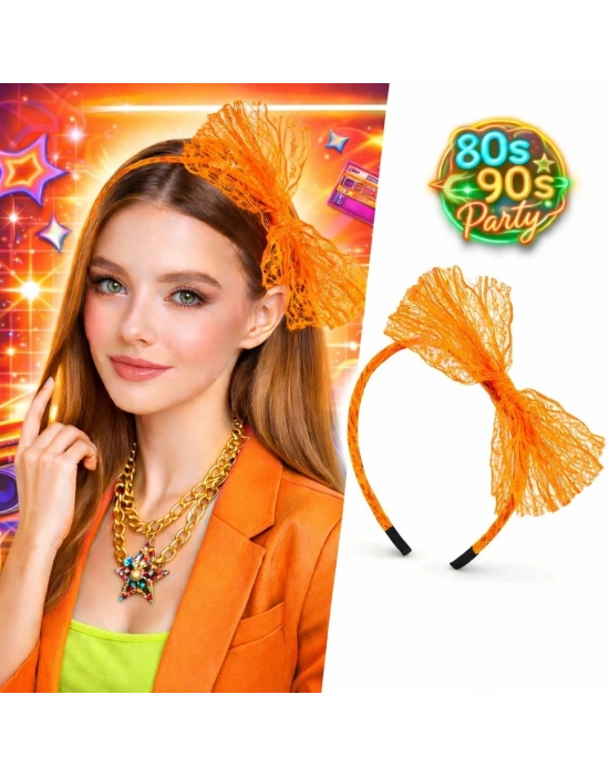 80’ler 90’lar Neon Turuncu Dantel Taç Fiyonklu