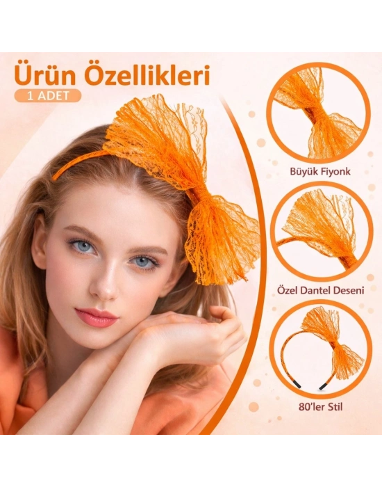 80’ler 90’lar Neon Turuncu Dantel Taç Fiyonklu