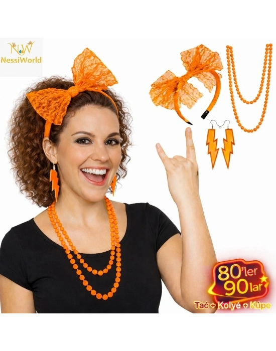 80’ler 90’lar Neon Turuncu Parti Seti – Kolye Küpe Taç
