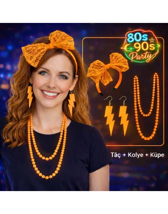 80’ler 90’lar Neon Turuncu Parti Seti – Kolye Küpe Taç