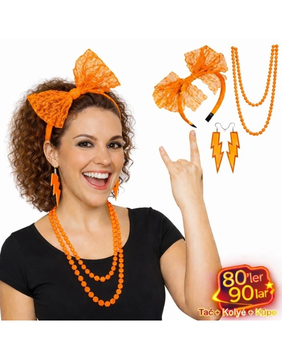 80’ler 90’lar Neon Turuncu Parti Seti – Kolye Küpe Taç