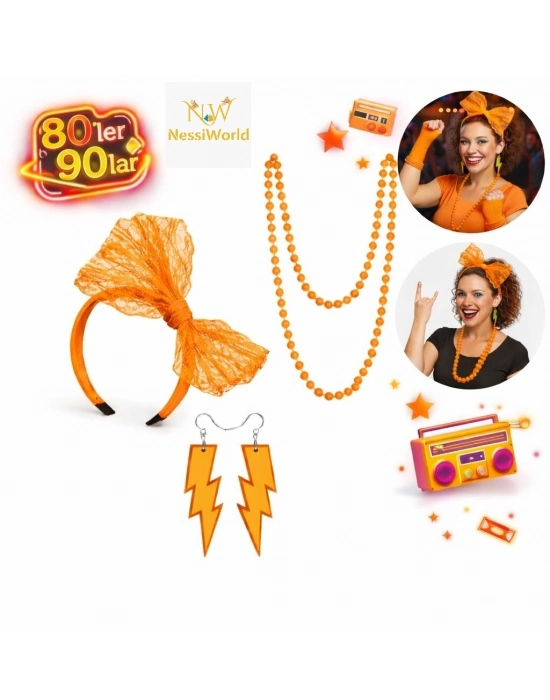 80’ler 90’lar Neon Turuncu Parti Seti – Kolye Küpe Taç