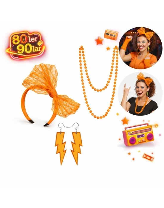 80’ler 90’lar Neon Turuncu Parti Seti – Kolye Küpe Taç