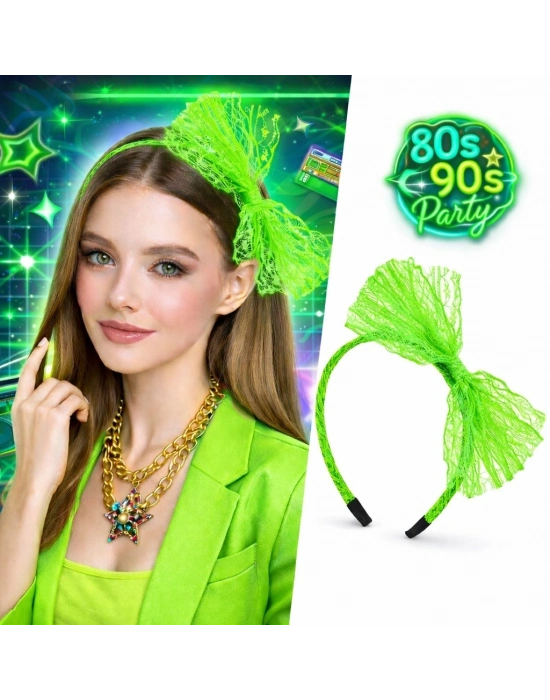 80’ler 90’lar Neon Yeşil Dantel Taç Fiyonklu