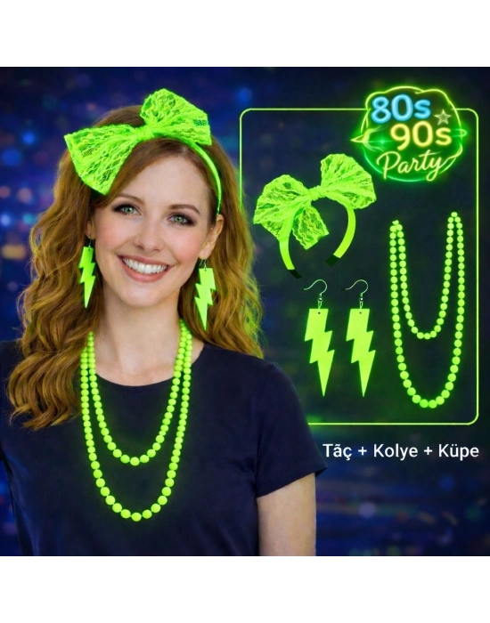 80’ler 90’lar Neon Yeşil Parti Seti – Kolye Küpe Taç