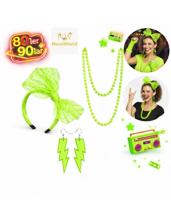 80’ler 90’lar Neon Yeşil Parti Seti – Kolye Küpe Taç