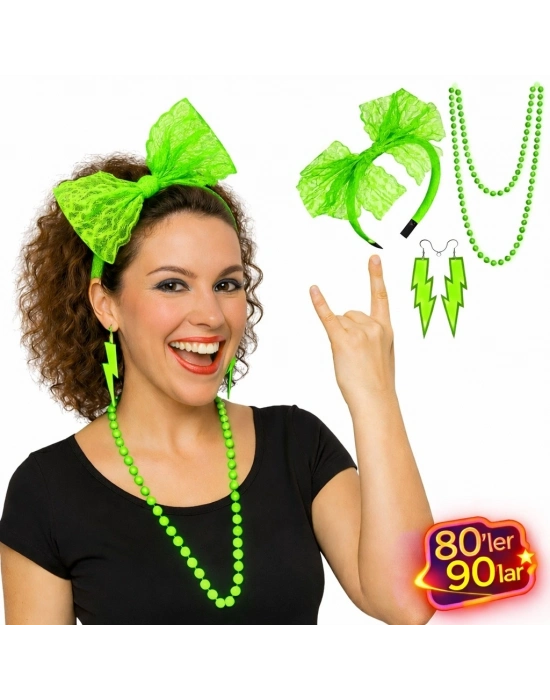 80’ler 90’lar Neon Yeşil Parti Seti – Kolye Küpe Taç