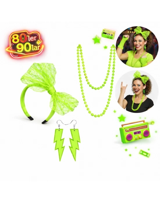 80’ler 90’lar Neon Yeşil Parti Seti – Kolye Küpe Taç
