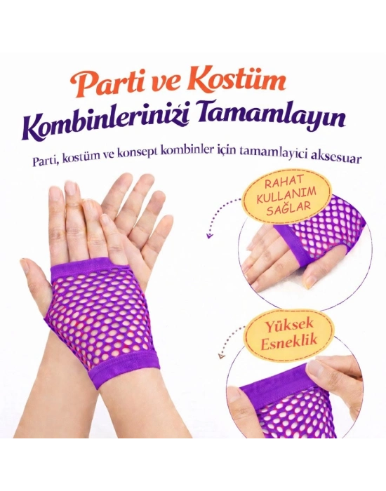 80’ler 90’lar Retro Mor File Parmaksız Kısa Eldiven 11 Cm