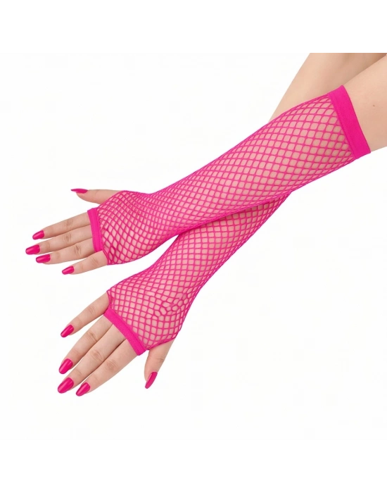 80’ler 90’lar Retro Neon Fuşya Şeker Pembesi File Parmaksız Eldiven 26 Cm