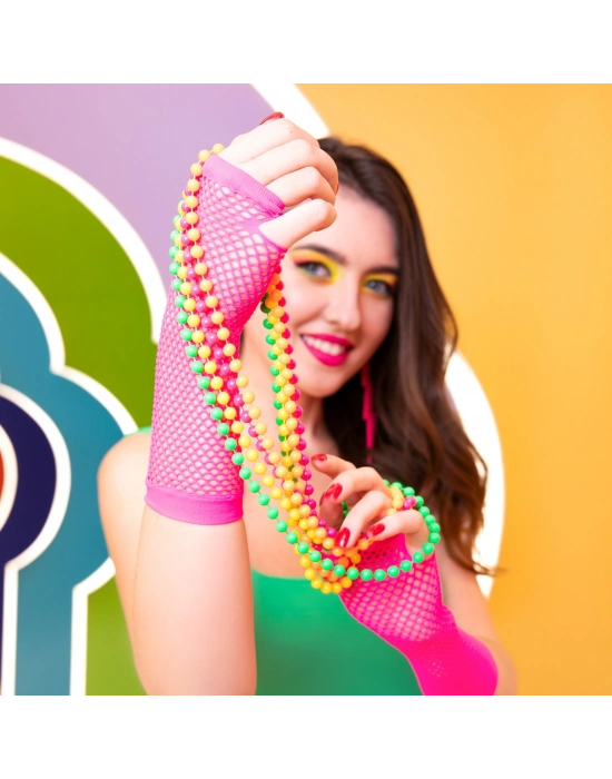 80’ler 90’lar Retro Neon Fuşya Şeker Pembesi File Parmaksız Eldiven 26 Cm