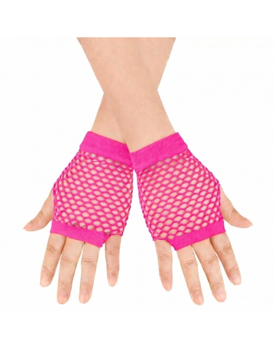 80’ler 90’lar Retro Neon Fuşya Şeker Pembesi File Parmaksız Kısa Eldiven 11 Cm