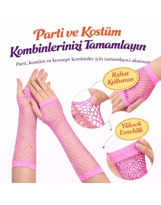 80’ler 90’lar Retro Neon Pembe File Parmaksız Eldiven 26 Cm