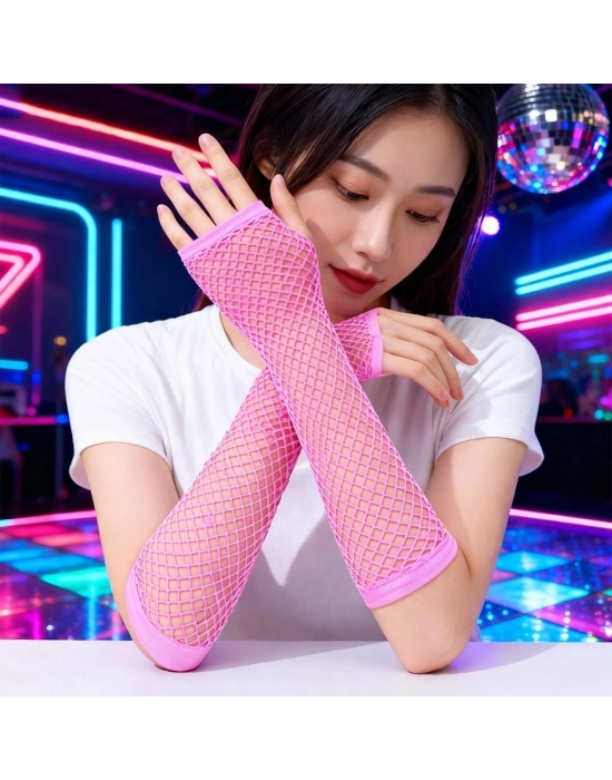 80’ler 90’lar Retro Neon Pembe File Parmaksız Eldiven 26 Cm