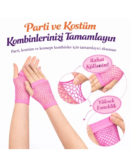 80’ler 90’lar Retro Neon Pembe File Parmaksız Kısa Eldiven 11 Cm