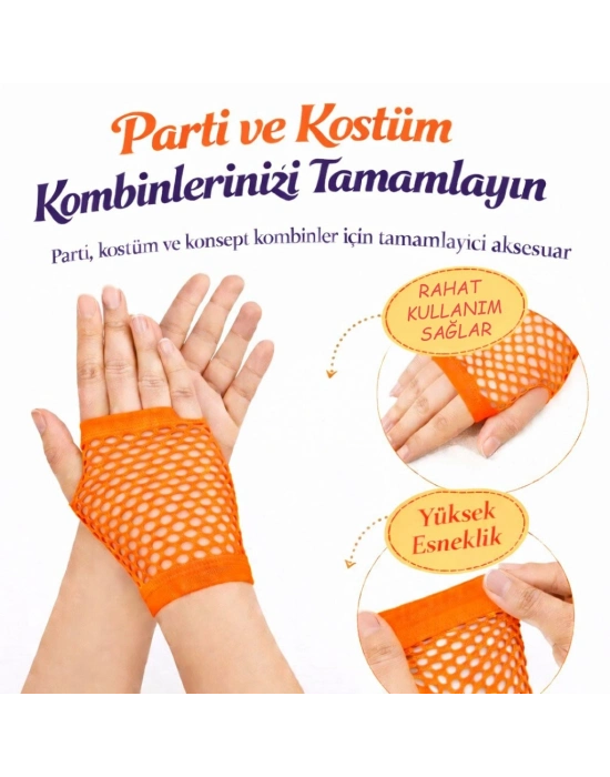 80’ler 90’lar Retro Neon Turuncu File Parmaksız Kısa Eldiven 11 Cm