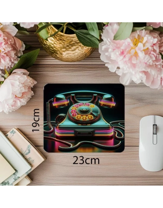 80’ler Stili Neon Telefon Tasarımlı Mousepad - 19x23 cm 2 mm Dikdörtgen İthal Baskılı Mouse Pad