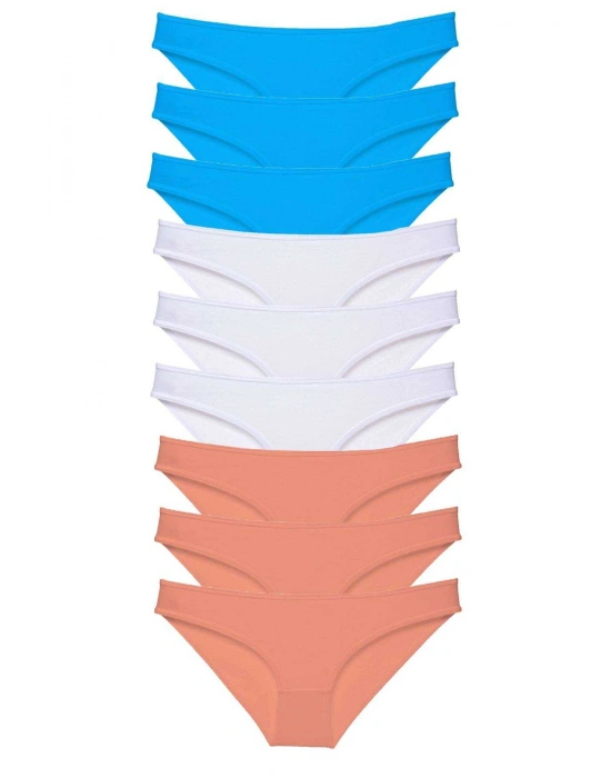 9 adet Süper Eko Set Likralı Kadın Slip Külot Pudra Beyaz Mavi