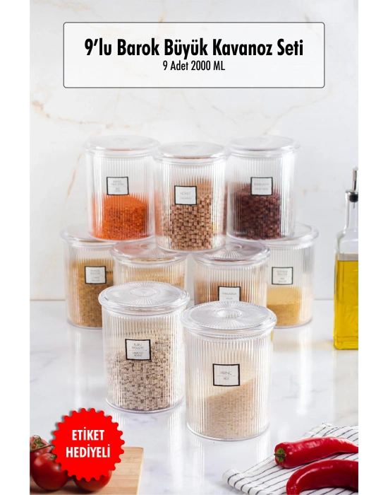 9lu Barok Yuvarlak Büyük Kavanoz Seti & Saklama Kabı & Erzak Kabı (9*2000 ML)