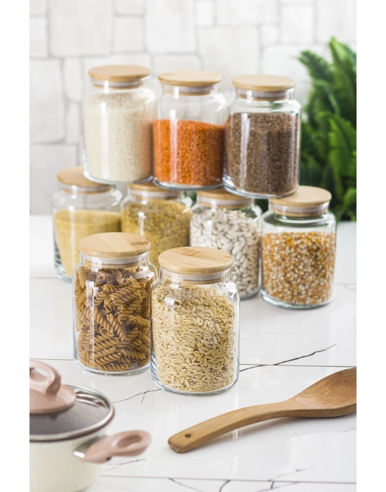 9 Lu Set Bambu Kapaklı Cam Kavanoz & Erzak Saklama Kabı 800 ml Orta  Boy ( Vakum Kapak )