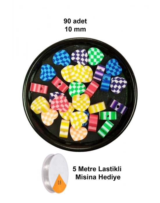 90 Adet 10 mm Polimer Kil Fimo Boncuk Takı Bileklik + 5 Metre Lastikli Misina Hediye - Desenli Kalp