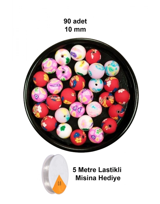 90 Adet 10 mm Polimer Kil Fimo Boncuk Takı Bileklik + 5 Metre Lastikli Misina Hediye - Desenli Yuvarlak