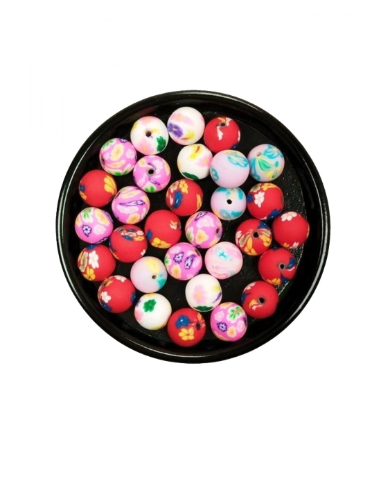 90 Adet 10 mm Polimer Kil Fimo Boncuk Takı Bileklik + 5 Metre Lastikli Misina Hediye - Desenli Yuvarlak