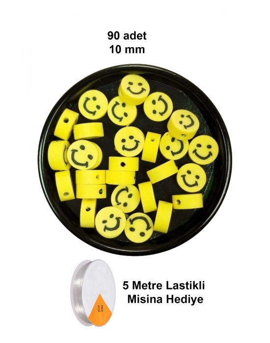 90 Adet 10 mm Polimer Kil Fimo Boncuk Takı Bileklik + 5 Metre Lastikli Misina Hediye - Gülen Yüz Smile