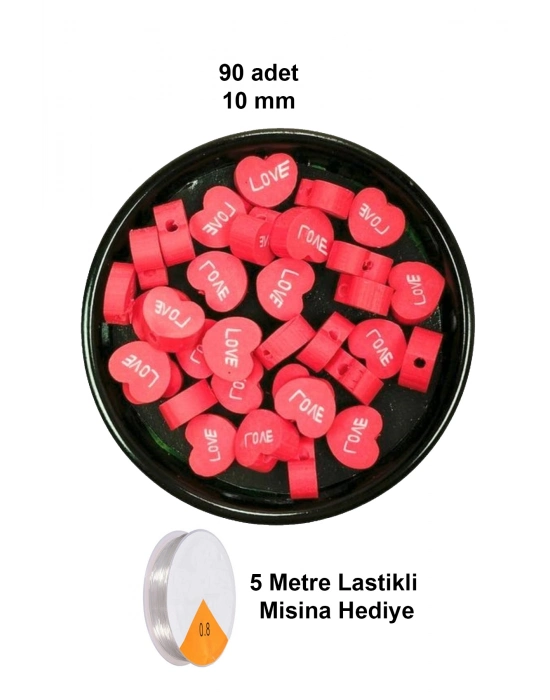 90 Adet 10 mm Polimer Kil Fimo Boncuk Takı Bileklik + 5 Metre Lastikli Misina Hediye - Kalp Love