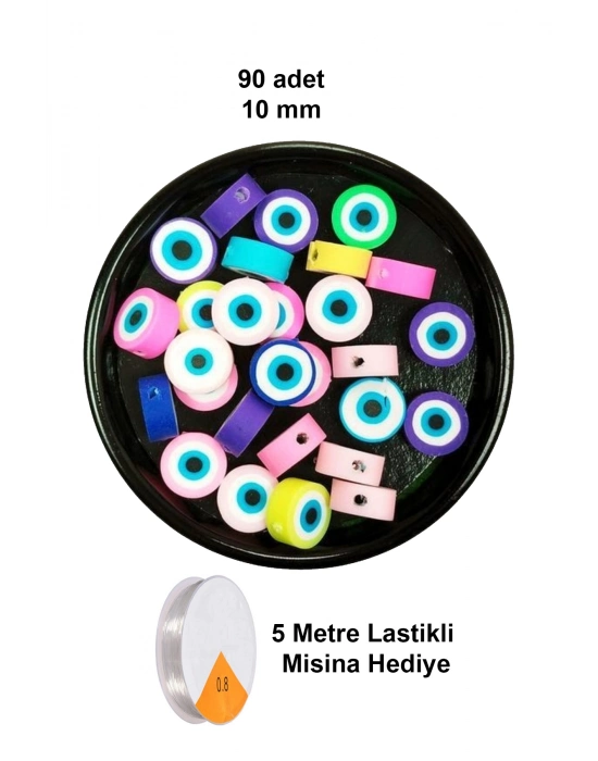 90 Adet 10 mm Polimer Kil Fimo Boncuk Takı Bileklik + 5 Metre Lastikli Misina Hediye - Nazar Boncuğu