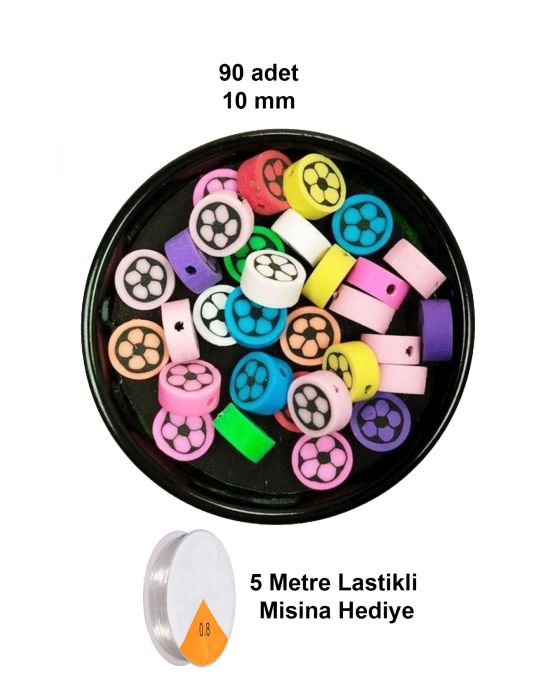 90 Adet 10 mm Polimer Kil Fimo Boncuk Takı Bileklik + 5 Metre Lastikli Misina Hediye - Renkli Çiçek