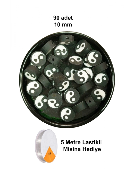 90 Adet 10 mm Polimer Kil Fimo Boncuk Takı Bileklik + 5 Metre Lastikli Misina Hediye - Yin Yang